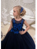 Navy Blue Beaded Lace Tulle Long Flower Girl Dress Pageant Dress